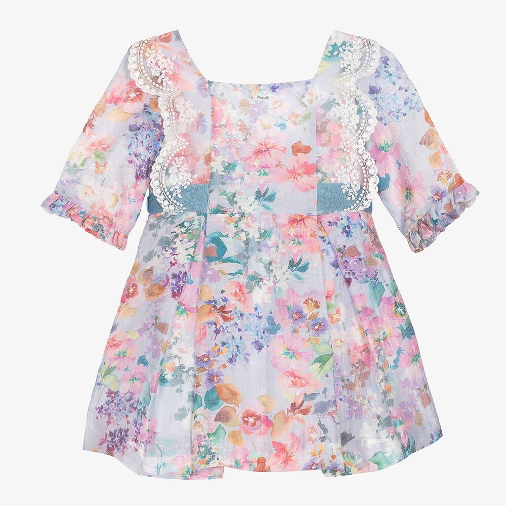 Foque - Girls Blue Floral Print Dress | Childrensalon