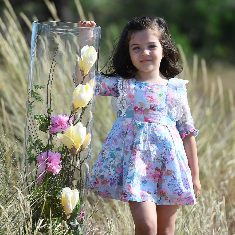 Foque-فستان مزيج كتان لون أزرق بطبعة ورود | Childrensalon Outlet