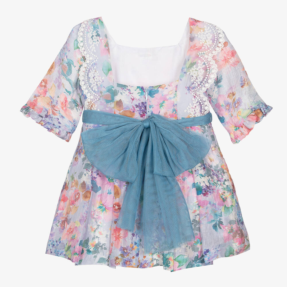 Foque-فستان مزيج كتان لون أزرق بطبعة ورود | Childrensalon Outlet