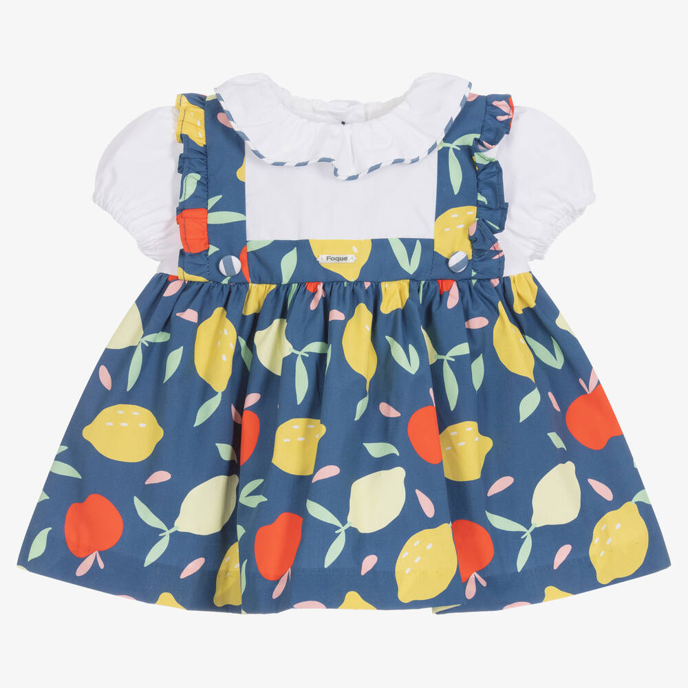 Foque - Girls Blue Fruit Print Cotton Dress | Childrensalon