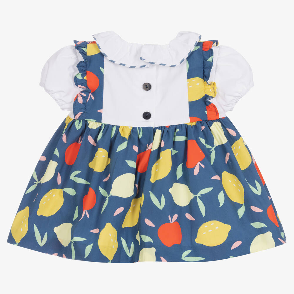 Foque-Girls Blue Fruit Print Cotton Dress | Childrensalon Outlet