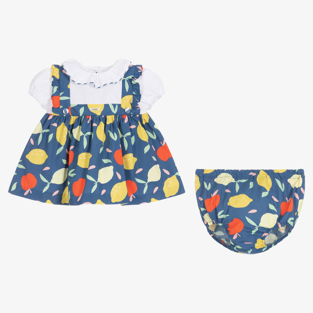 Foque-Girls Blue Fruit Print Cotton Dress | Childrensalon Outlet