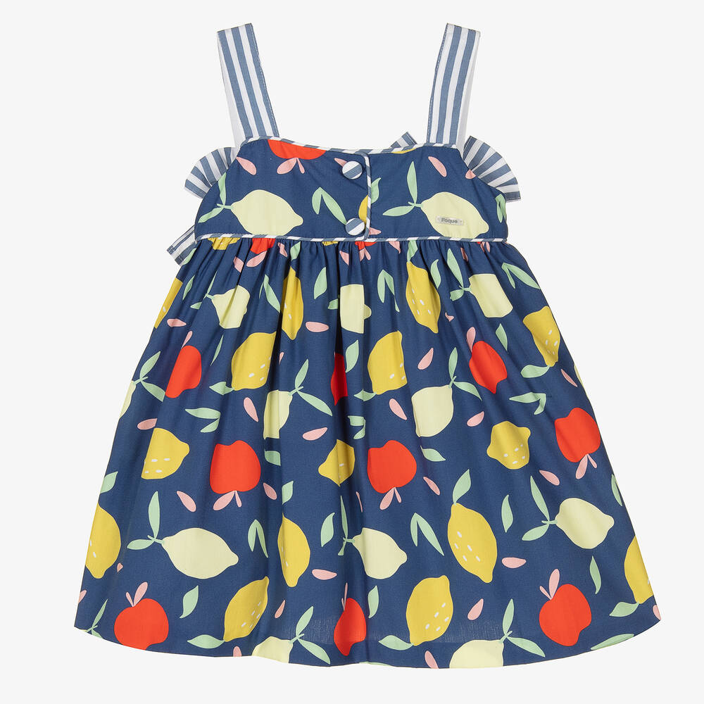 Foque-Girls Blue Fruit Print Cotton Dress | Childrensalon Outlet