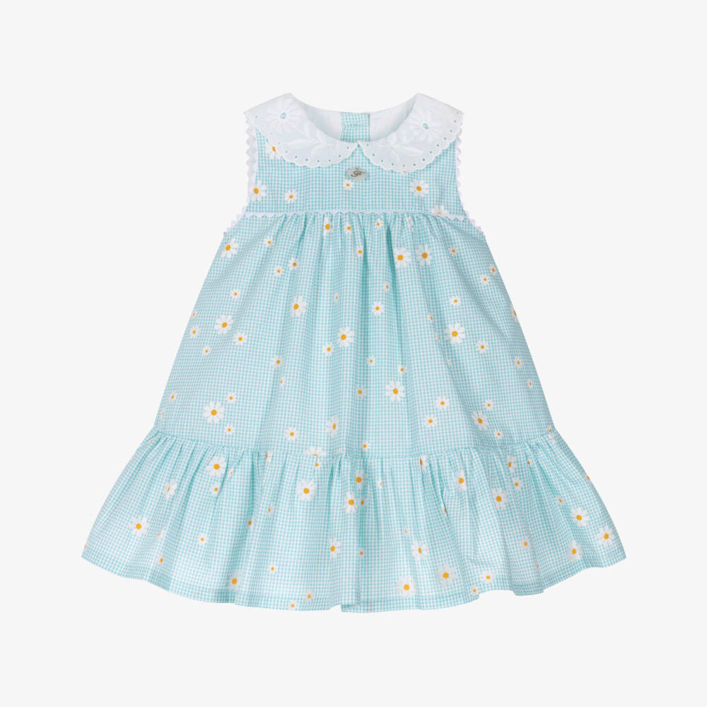 Foque-Girls Blue Gingham Check & Daisy Print Dress | Childrensalon Outlet