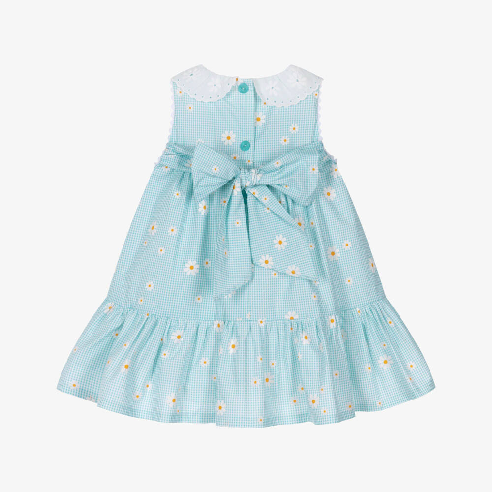 Foque-Girls Blue Gingham Check & Daisy Print Dress | Childrensalon Outlet