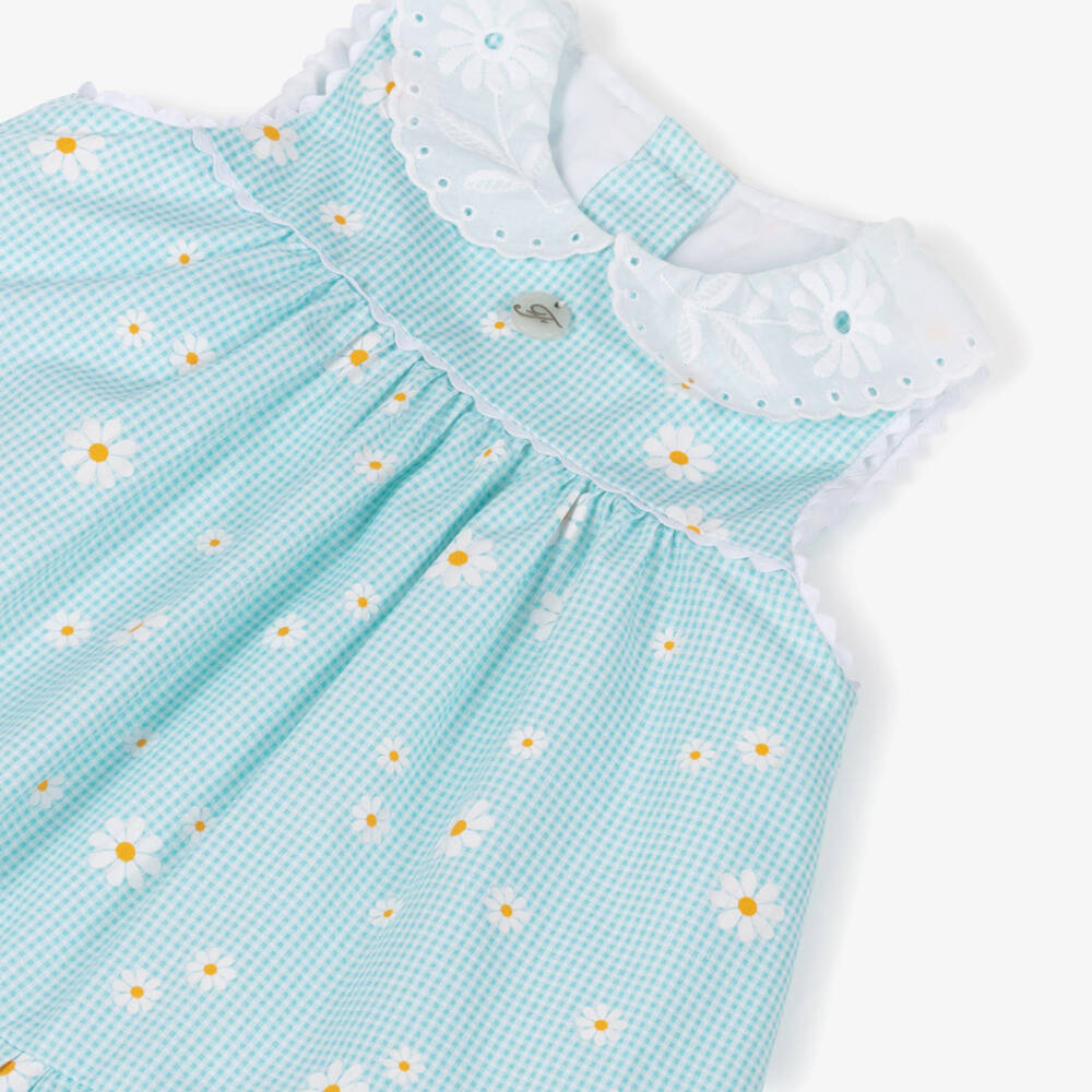 Foque-Girls Blue Gingham Check & Daisy Print Dress | Childrensalon Outlet