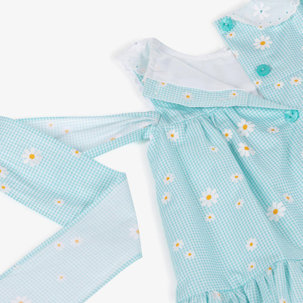 Foque-Girls Blue Gingham Check & Daisy Print Dress | Childrensalon Outlet