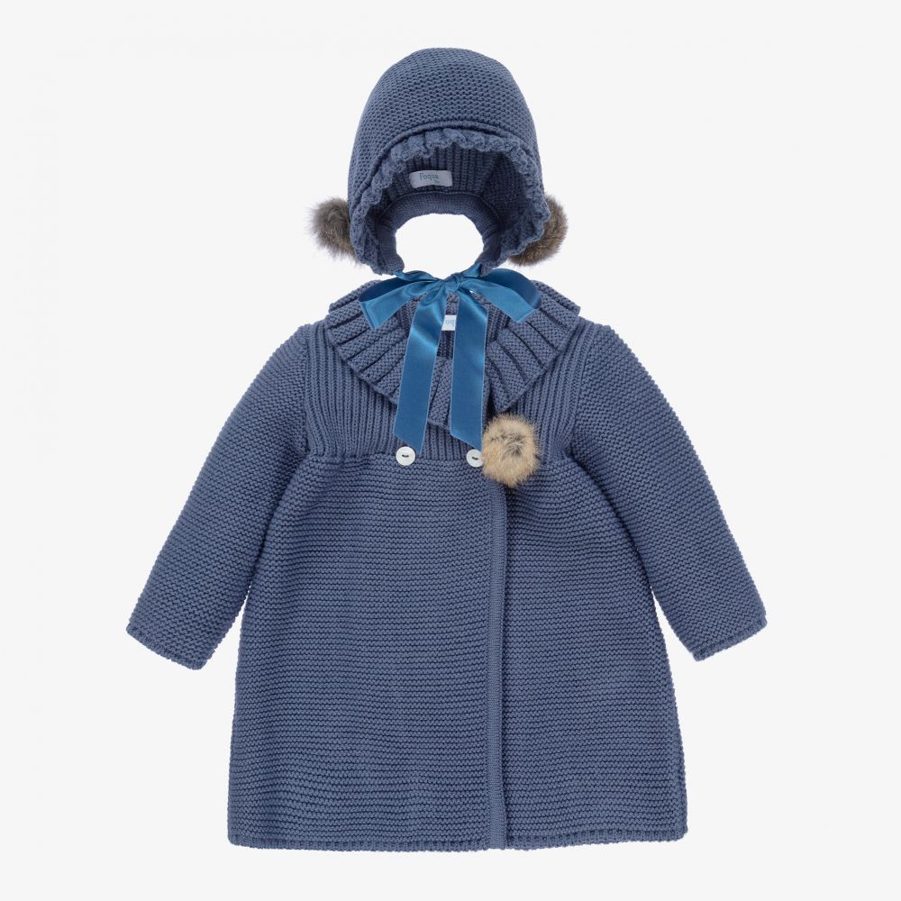 Foque - Girls Blue Knit Coat & Hat  | Childrensalon