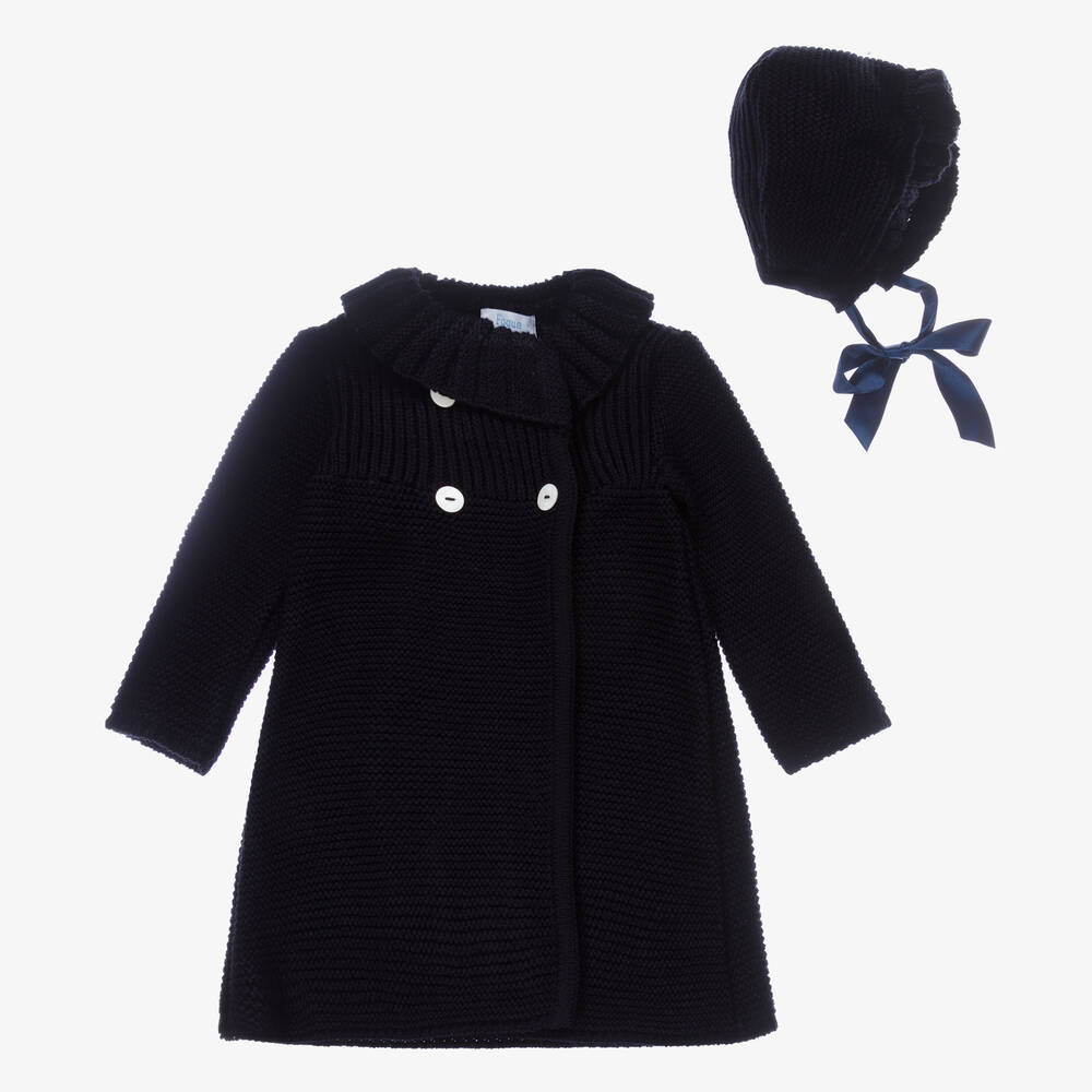Foque - Синее трикотажное пальто и чепец для девочек | Childrensalon