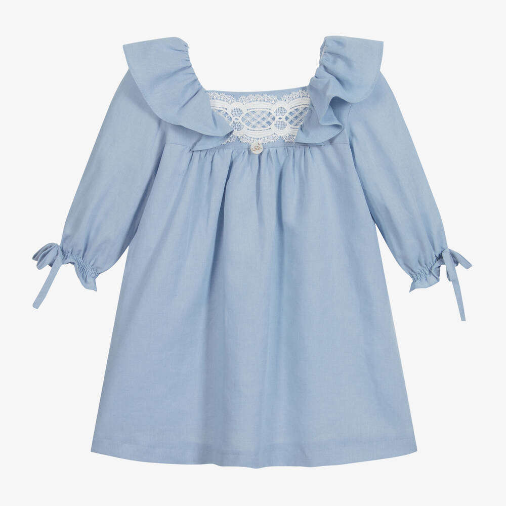 Foque - Girls Blue Linen Dress  | Childrensalon