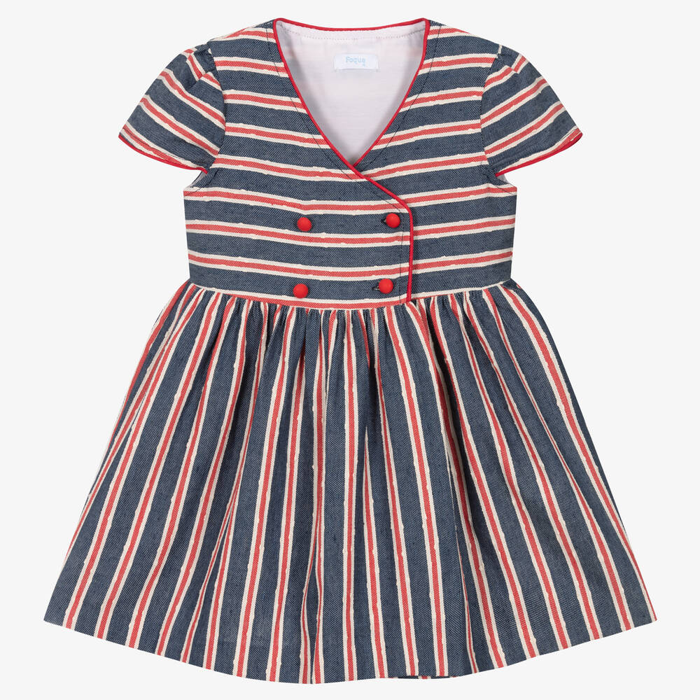 Foque - Girls Blue & Red Cotton Striped Dress | Childrensalon