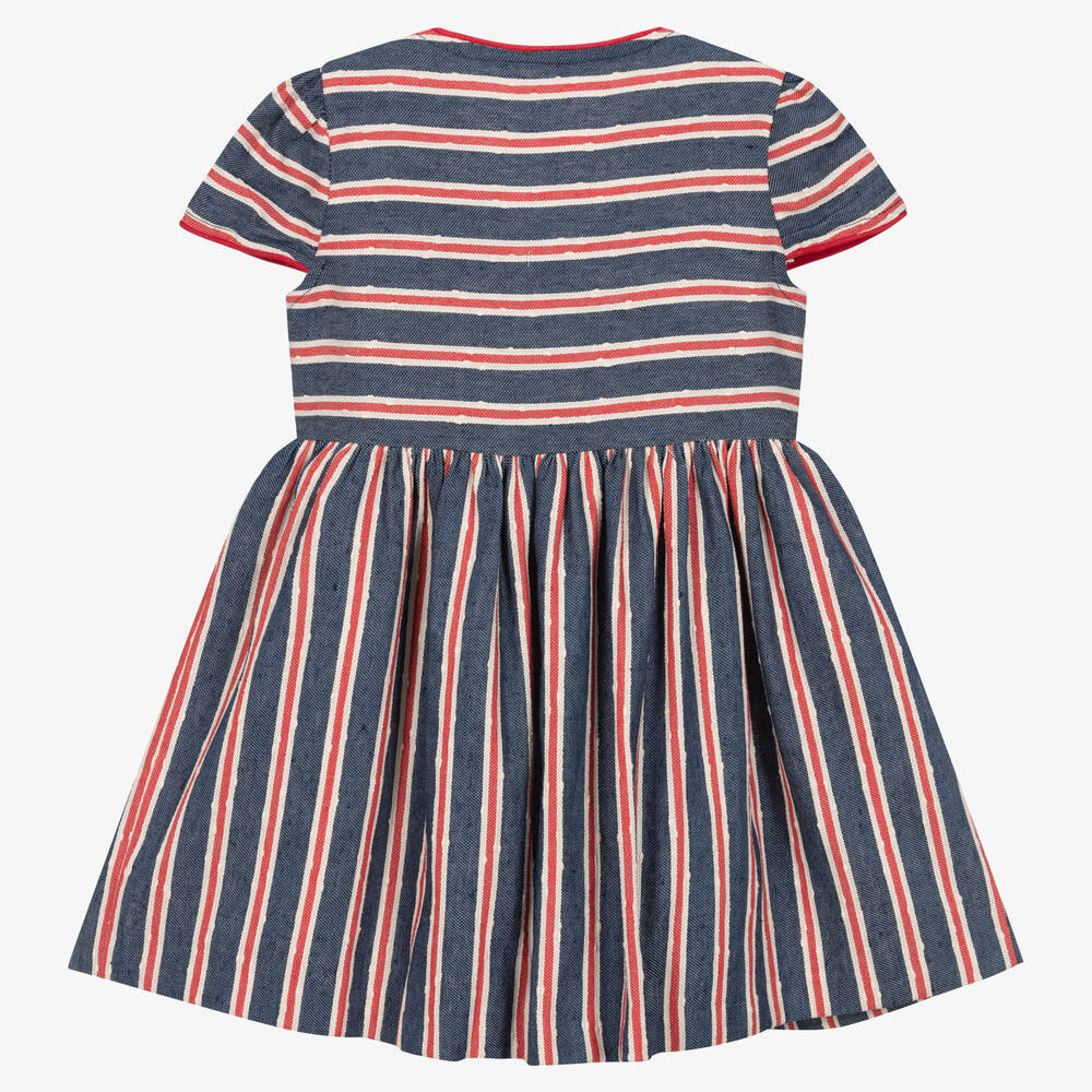 Foque-Girls Blue & Red Cotton Striped Dress | Childrensalon Outlet
