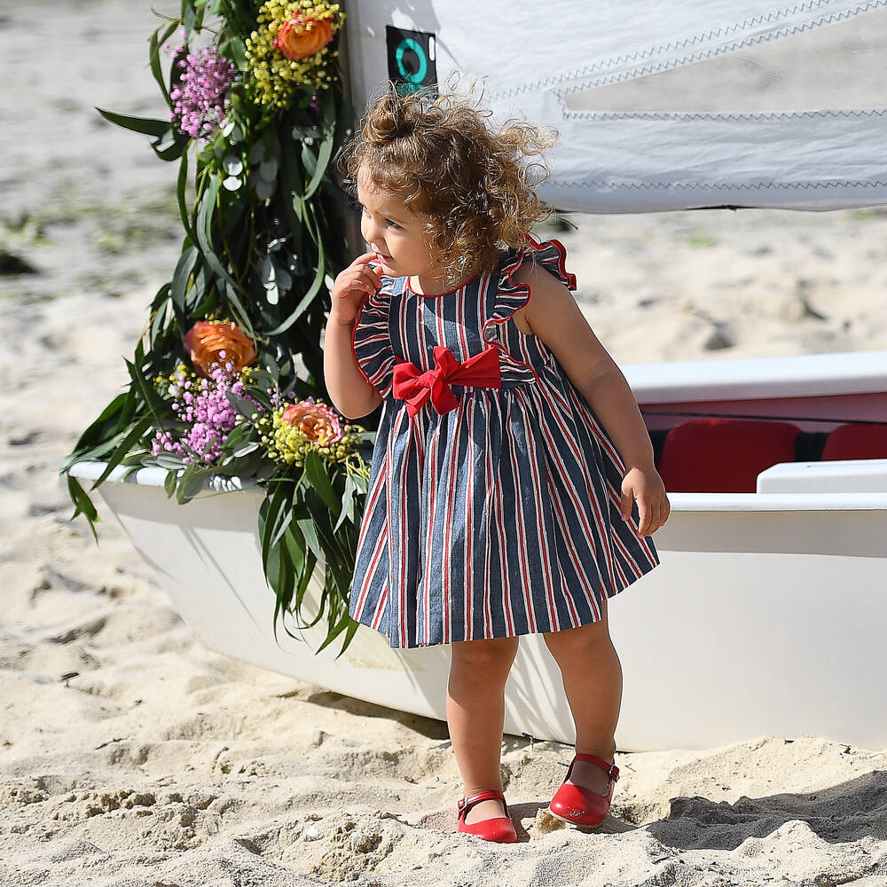 Foque-فستان أطفال بناتي مزيج قطن مقلم لون أزرق وأحمر | Childrensalon Outlet