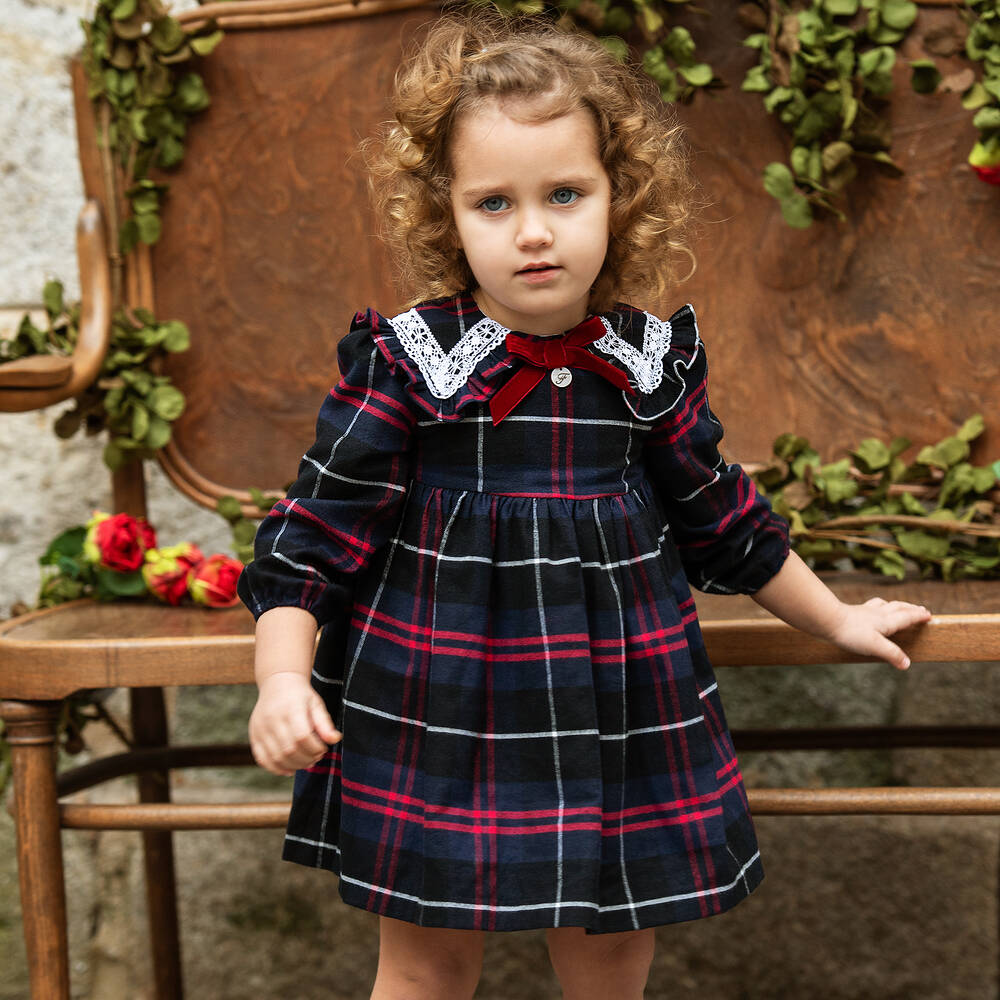 Foque Girls Blue Red Tartan Cotton Dress