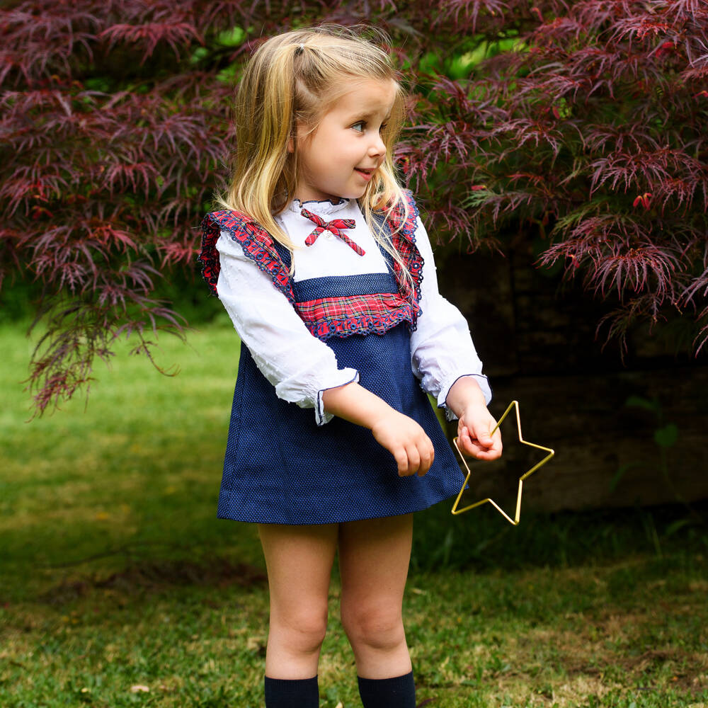 Foque-Girls Blue & White Dress with Red Tartan Trim | Childrensalon Outlet