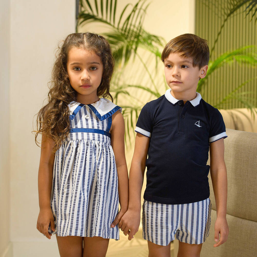 Foque-Girls Blue & White Striped Sailor Collar Dress | Childrensalon Outlet
