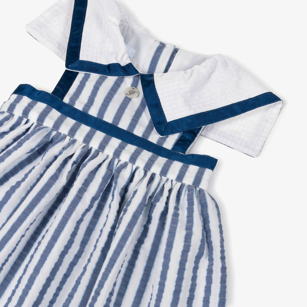 Foque-Girls Blue & White Striped Sailor Collar Dress | Childrensalon Outlet
