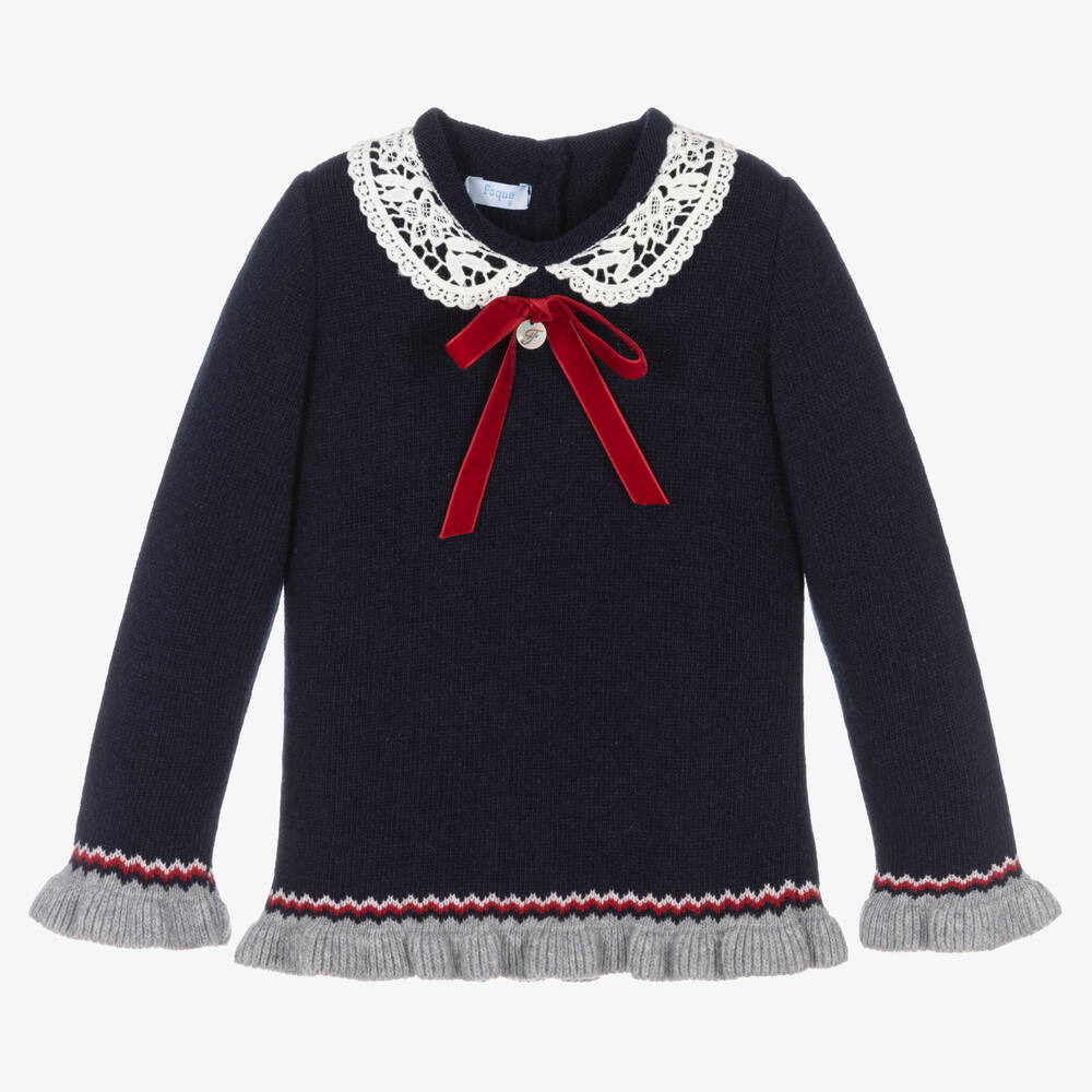 Foque - Girls Blue Wool & Ivory Lace Trim Jumper | Childrensalon