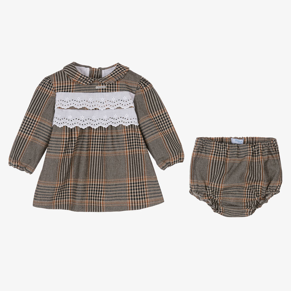 Foque-فستان أطفال بناتي مزيج قطن كاروهات لون بني | Childrensalon Outlet