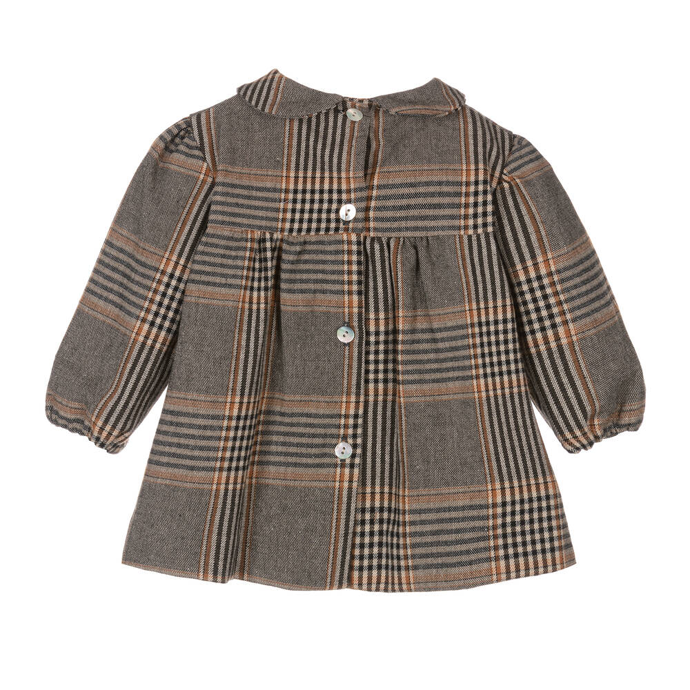 Foque-فستان أطفال بناتي مزيج قطن كاروهات لون بني | Childrensalon Outlet