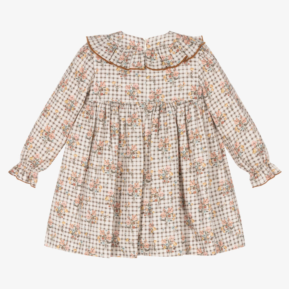 Foque-Girls Brown Check & Floral Cotton Dress | Childrensalon Outlet