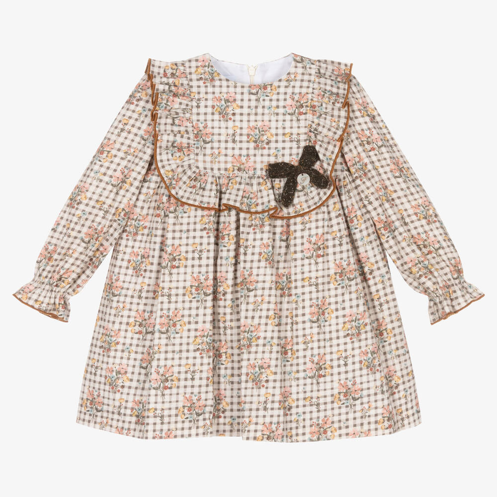 Foque - Girls Brown Check & Floral Cotton Dress | Childrensalon