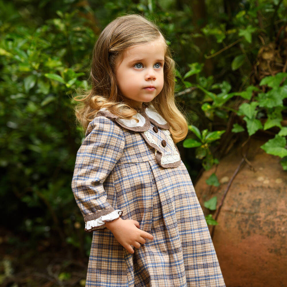 Foque-Girls Brown Checked Cotton Dress | Childrensalon Outlet