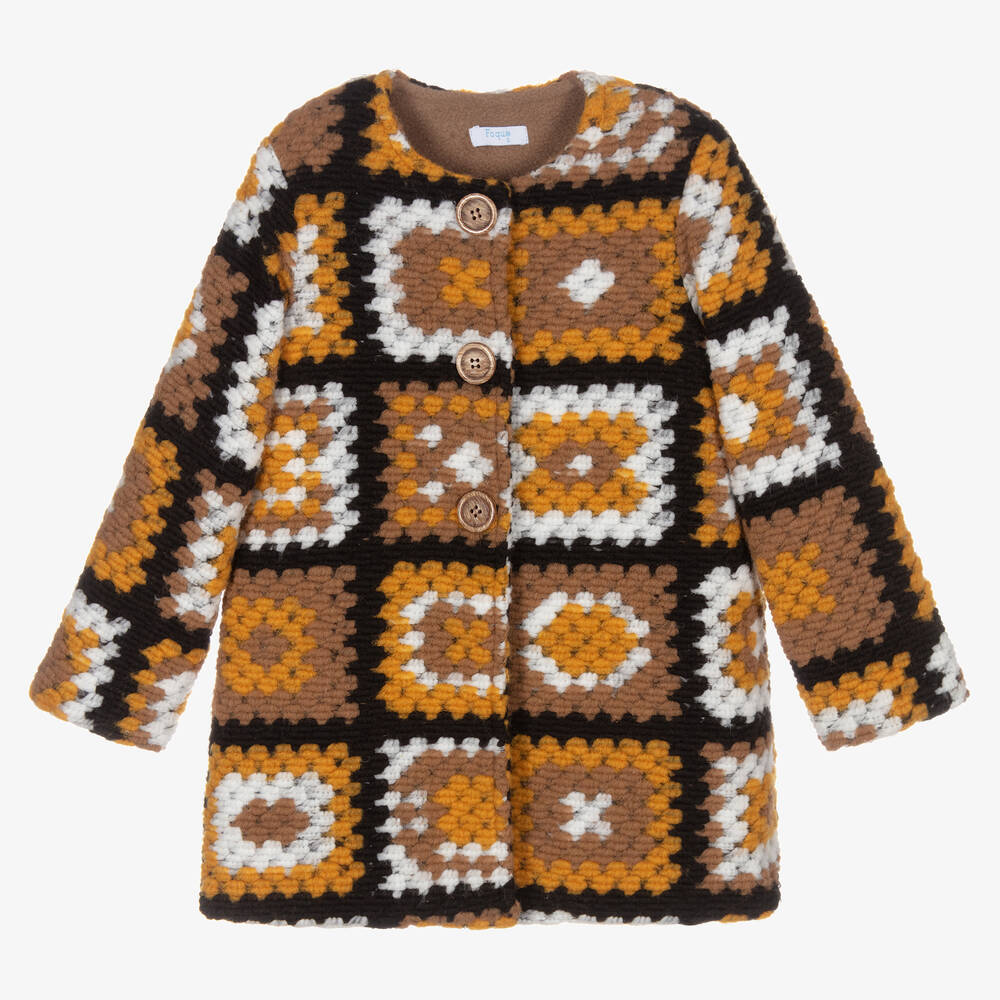 Foque - Girls Brown Crochet Coat | Childrensalon