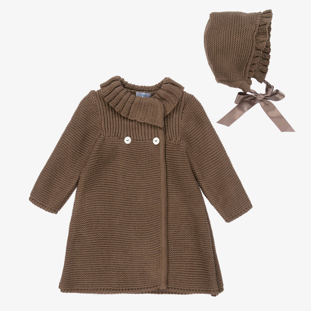 Foque - Коричневое трикотажное пальто и чепец для девочек | Childrensalon