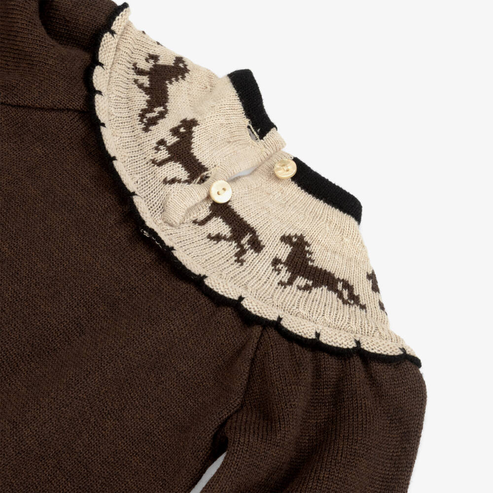 Foque-Girls Brown Wool & Cotton Knit Pony Dress | Childrensalon Outlet