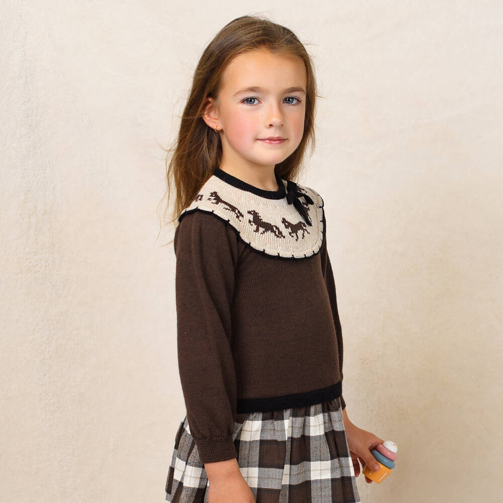 Foque-Girls Brown Wool & Cotton Knit Pony Dress | Childrensalon Outlet