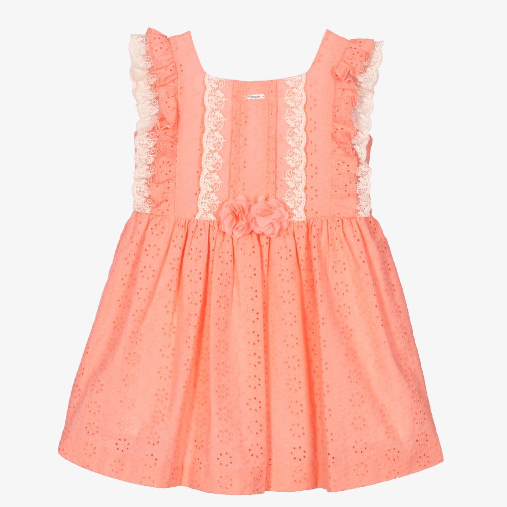 Foque - Girls Coral Pink Cotton Dress | Childrensalon