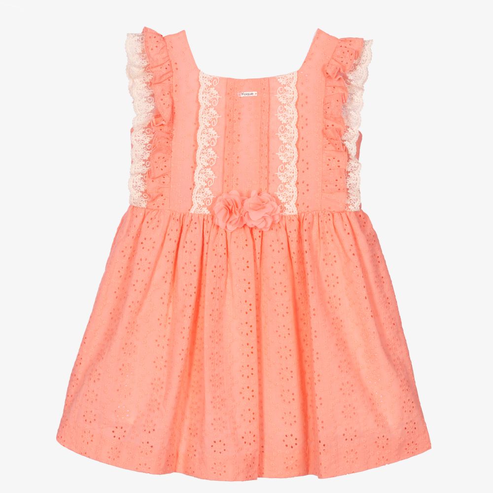 Foque-Girls Coral Pink Cotton Dress | Childrensalon Outlet
