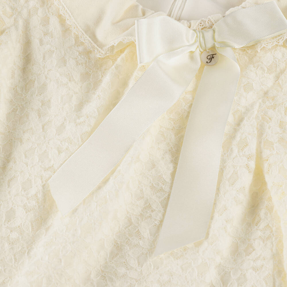 Foque-Girls Cream Floral Lace Jersey Dress with Grosgrain Bow | Childrensalon Outlet