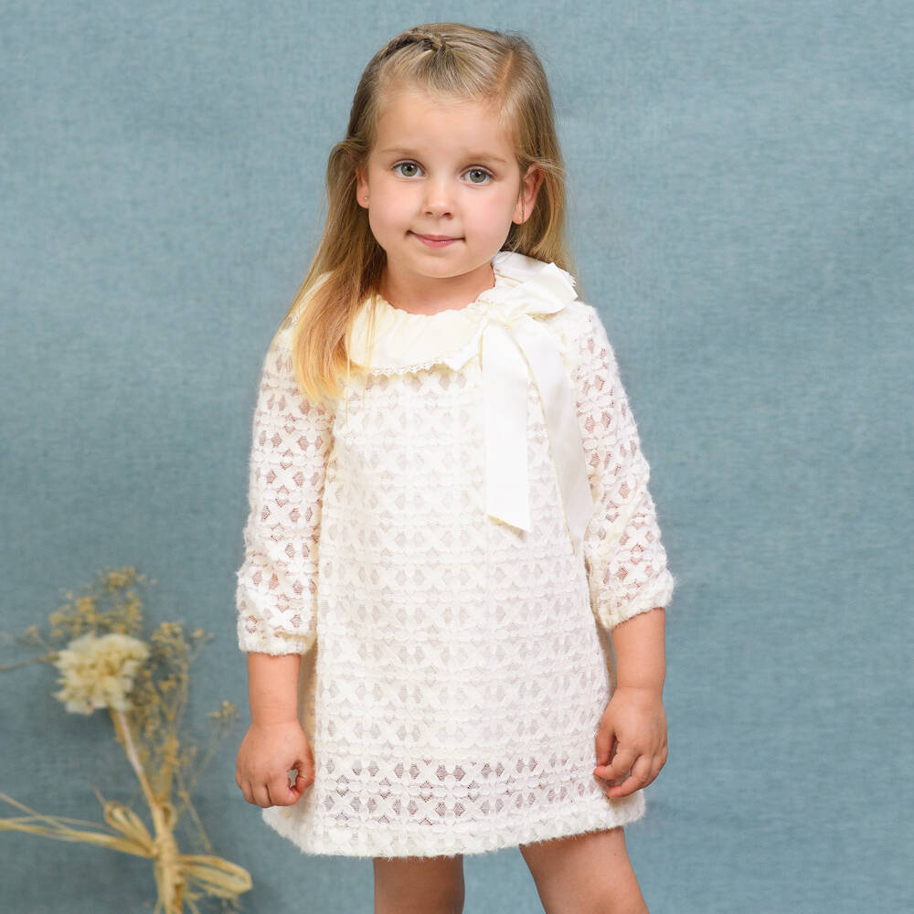 Foque-Girls Cream Floral Lace Jersey Dress with Grosgrain Bow | Childrensalon Outlet