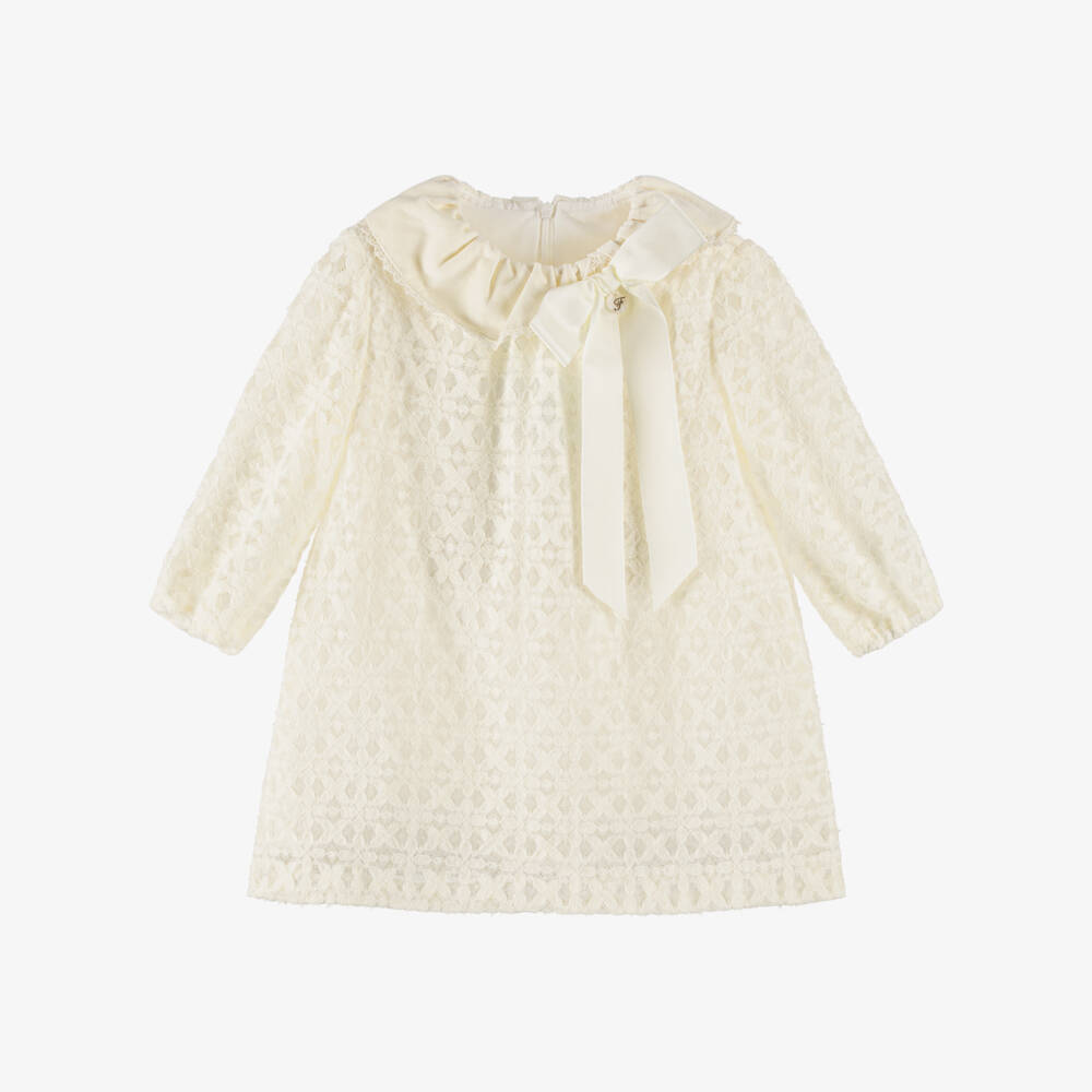 Foque-Girls Cream Floral Lace Jersey Dress with Grosgrain Bow | Childrensalon Outlet