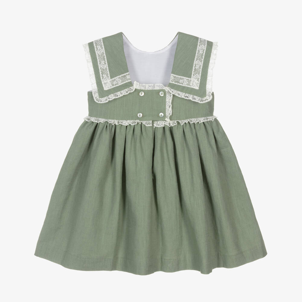 Foque-Girls Emerald Linen & Cotton Frock with Lace Accents | Childrensalon Outlet