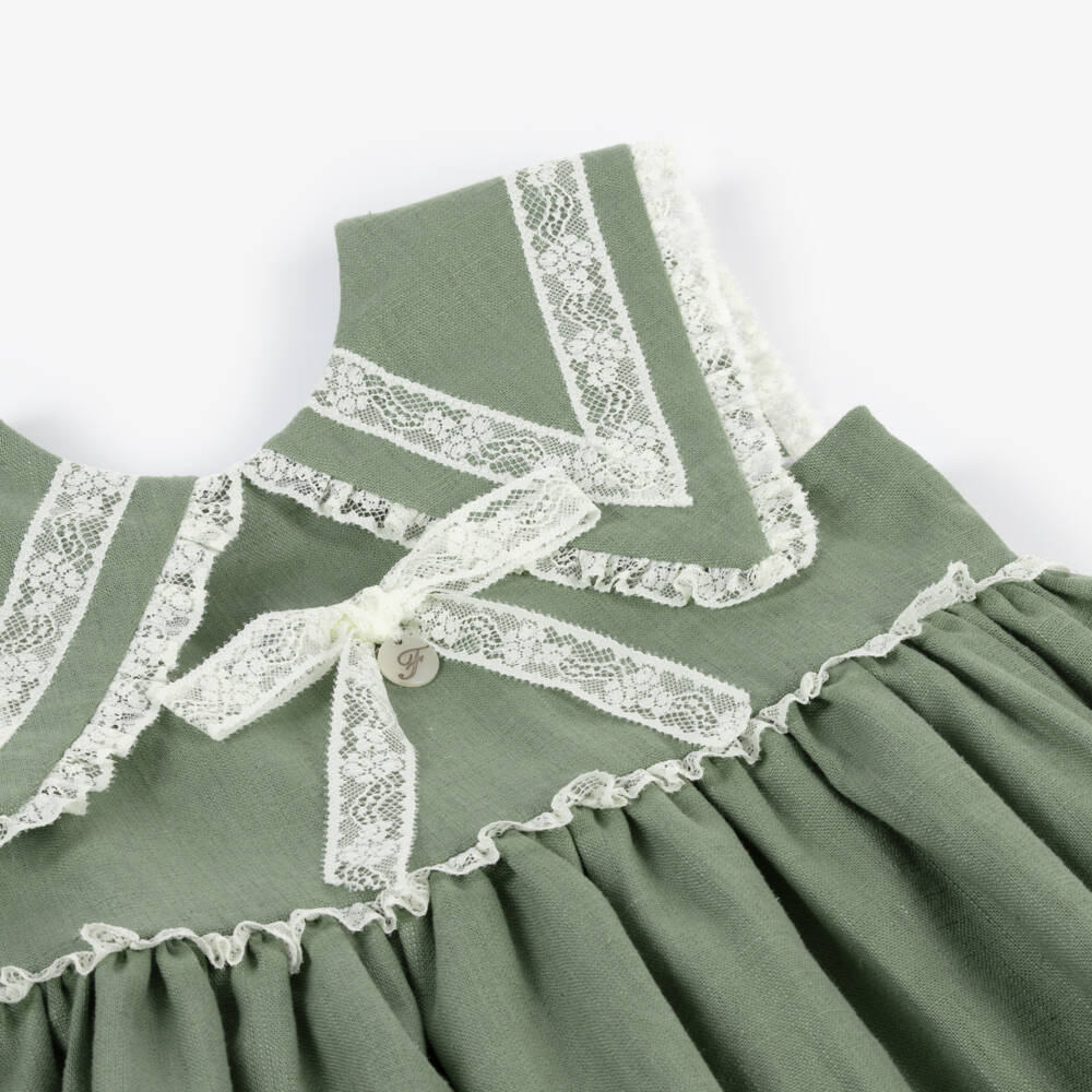 Foque-Girls Emerald Linen & Cotton Frock with Lace Accents | Childrensalon Outlet