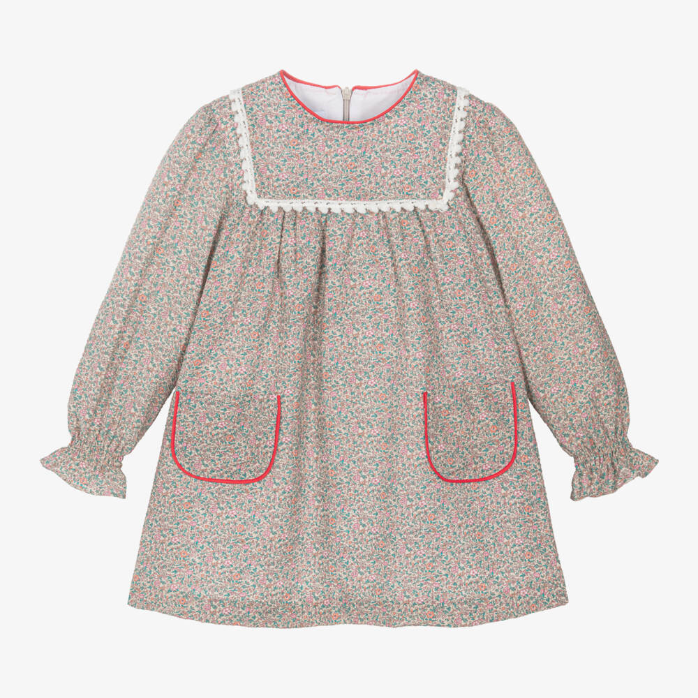Foque-Girls Floral Beige Cotton Dress | Childrensalon Outlet