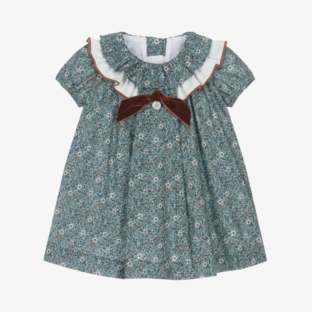 Foque-Girls Floral Blue Poplin Dress | Childrensalon Outlet