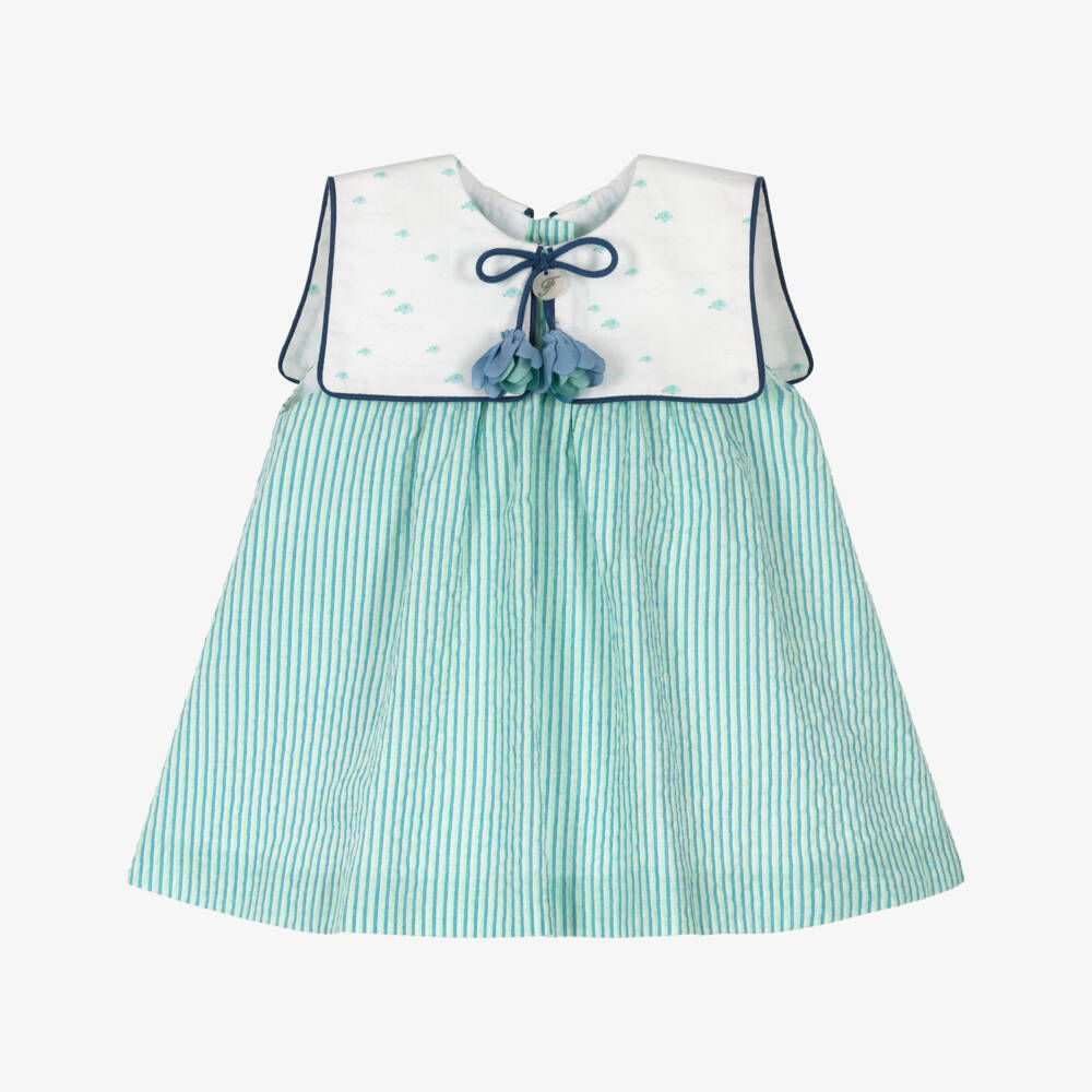 Foque-Girls Green & Blue Stripe Collared Dress | Childrensalon Outlet