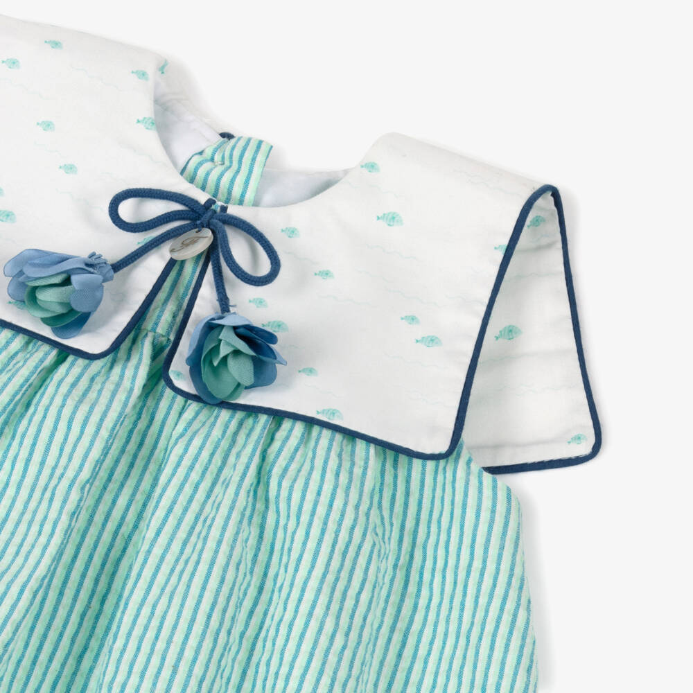 Foque-Girls Green & Blue Stripe Collared Dress | Childrensalon Outlet