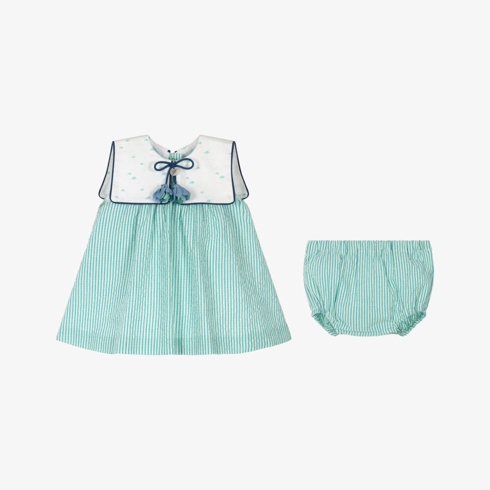 Foque-Girls Green & Blue Stripe Collared Dress | Childrensalon Outlet