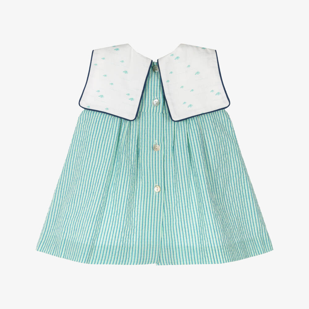 Foque-Girls Green & Blue Stripe Collared Dress | Childrensalon Outlet