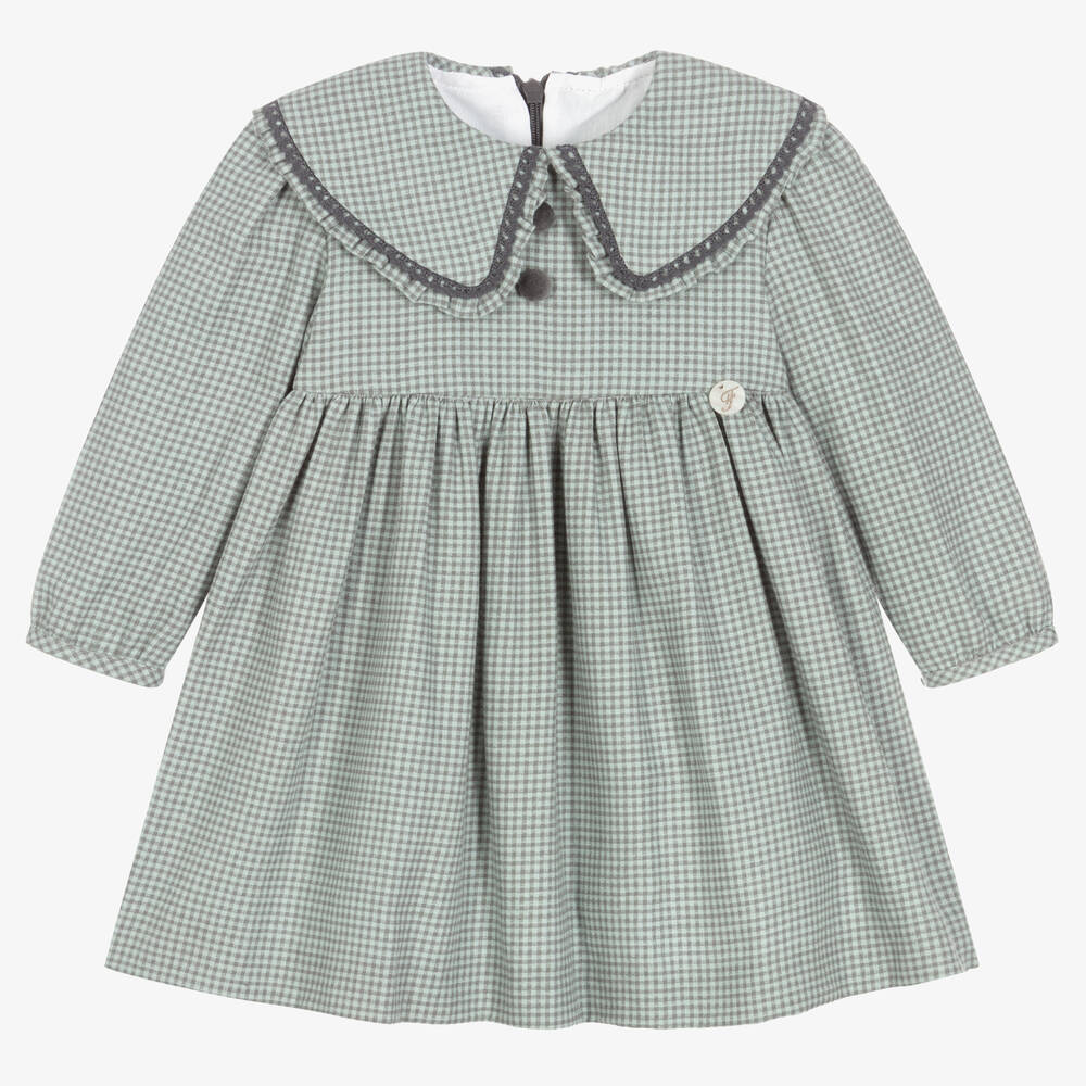 Foque - Girls Green Check Cotton Dress | Childrensalon