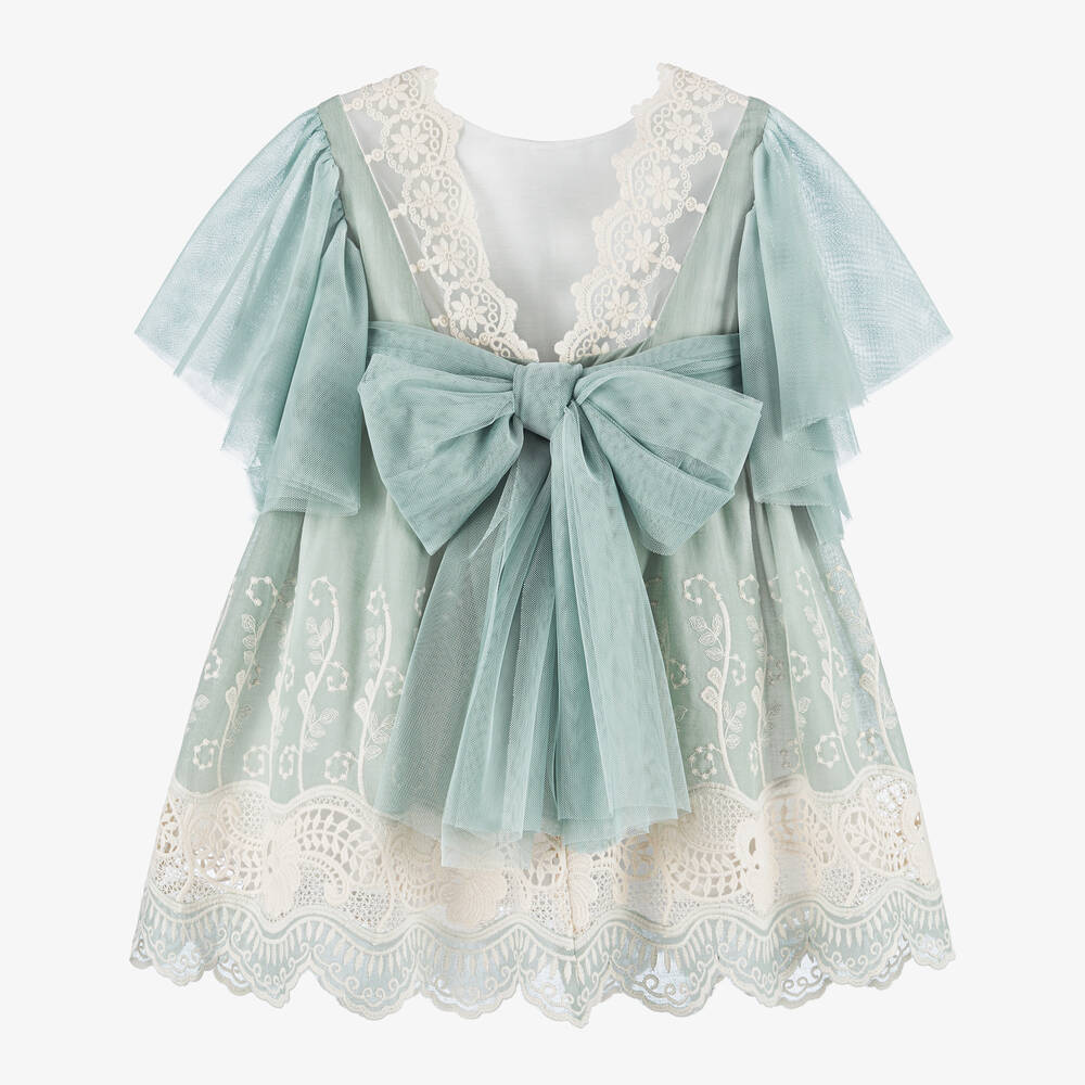 Foque-Girls Green Embroidery & Lace  Dress | Childrensalon Outlet