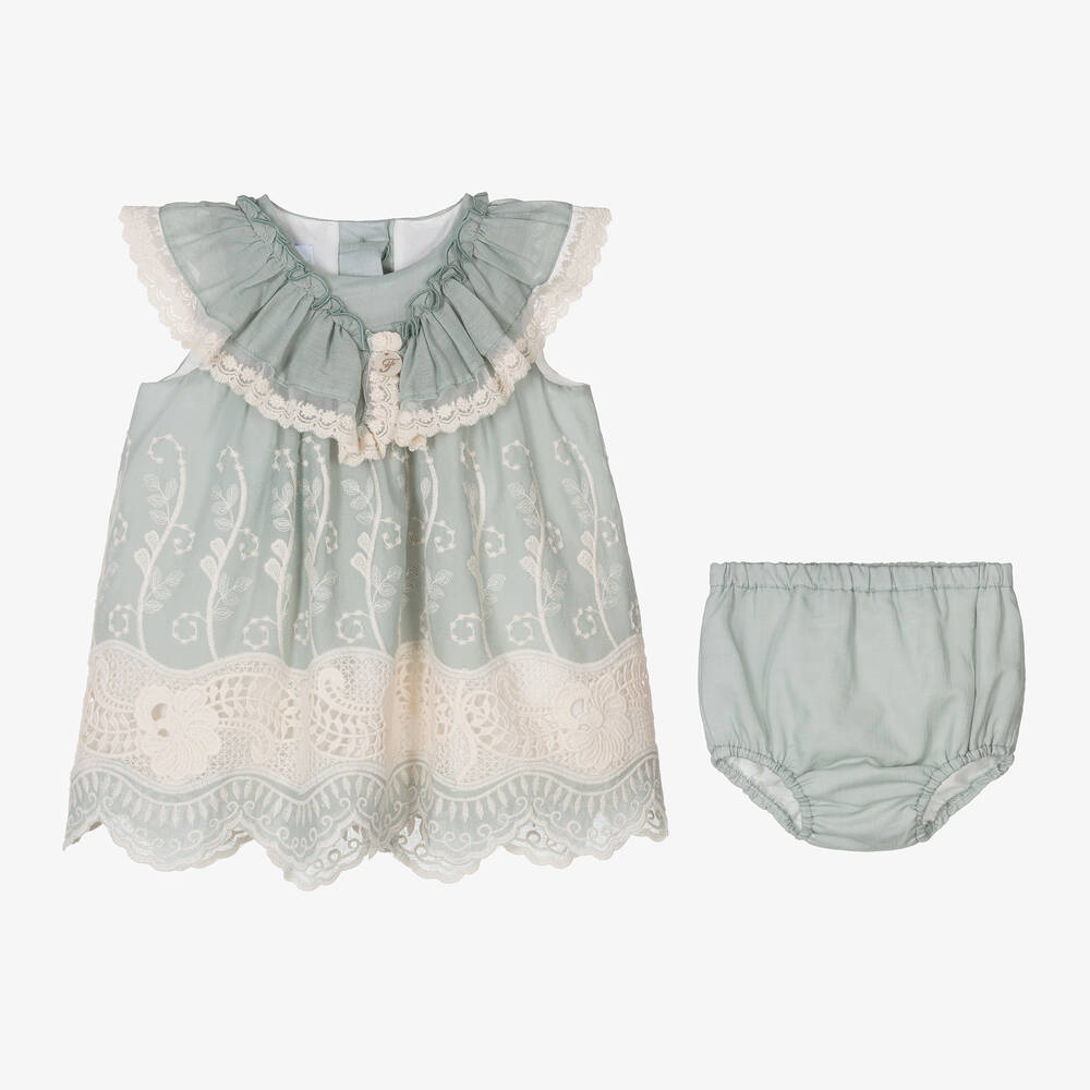 Foque-طقم فستان قطن مطرز بدانتيل لون أخضر وعاجي | Childrensalon Outlet