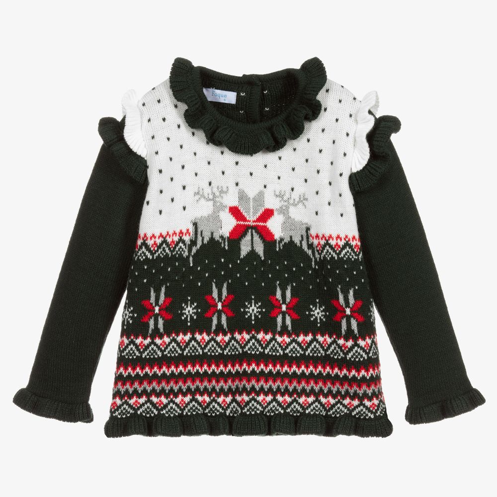 Foque - Girls Green Fair Isle Sweater | Childrensalon