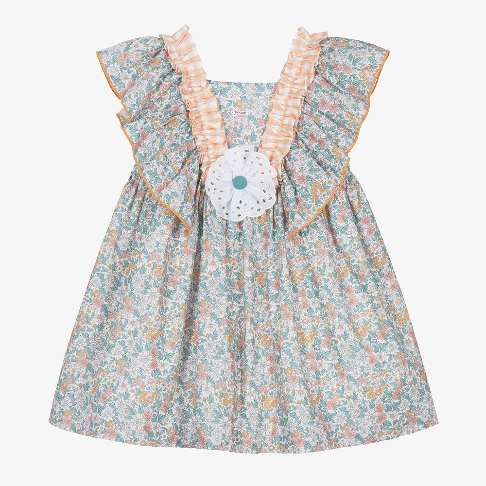 Foque-Girls Green Floral Cotton & Linen Dress | Childrensalon Outlet