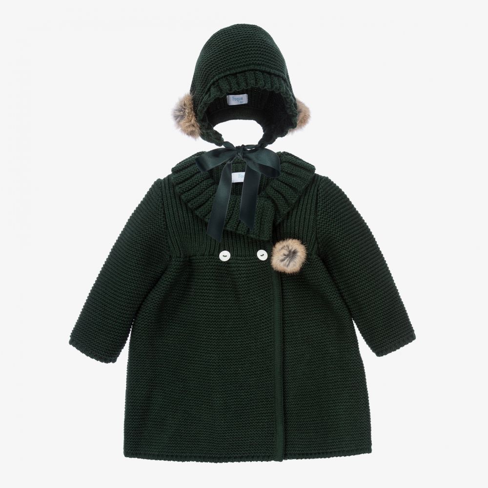 Foque - معطف وقبعة أطفال بناتي أكريليك محبوك لون أخضر  | Childrensalon